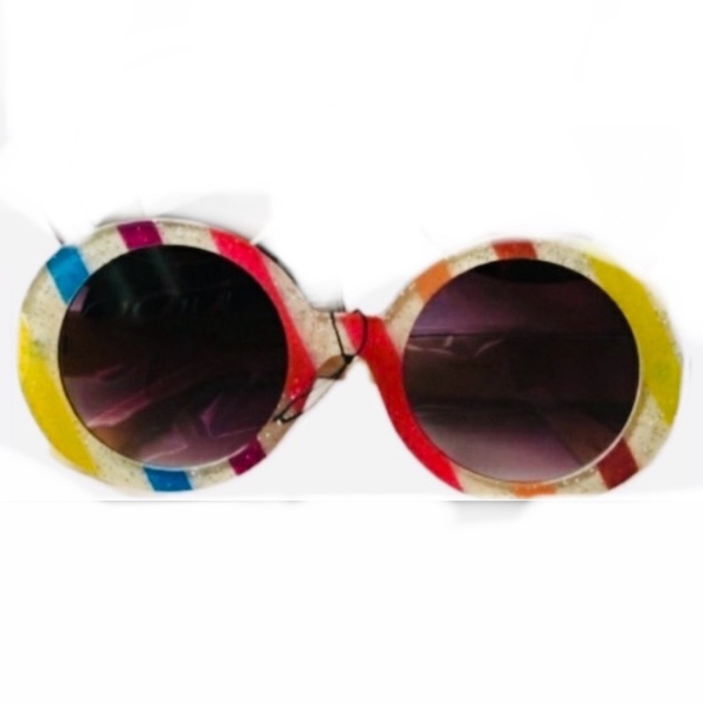 NWT Funky Fun Retro Round Rainbow Glitter Sunglasses Smoke Lenses Style
